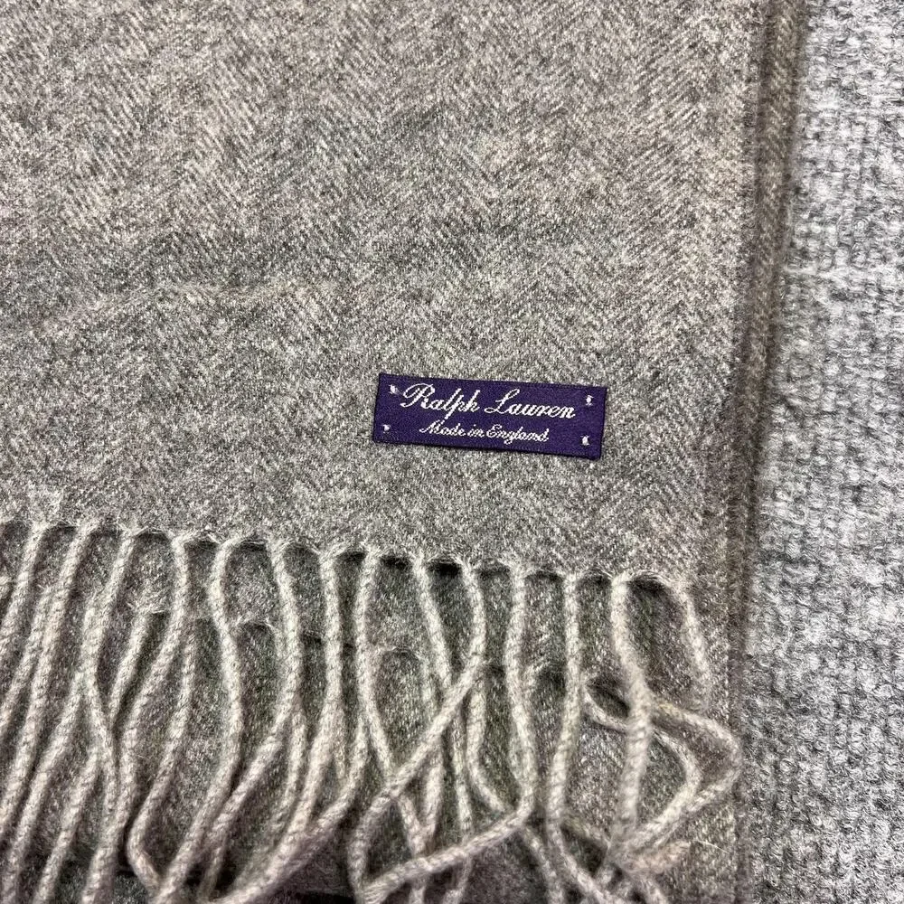 Ralph Lauren Scarf Adult Gray 100% Cashmere Fringe Made England Purple Label